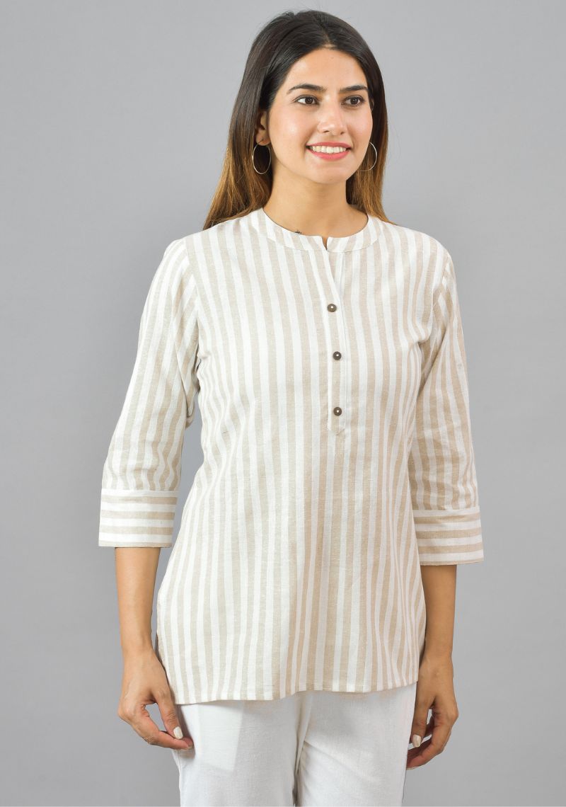 White Beige Cotton Stripe Women Top