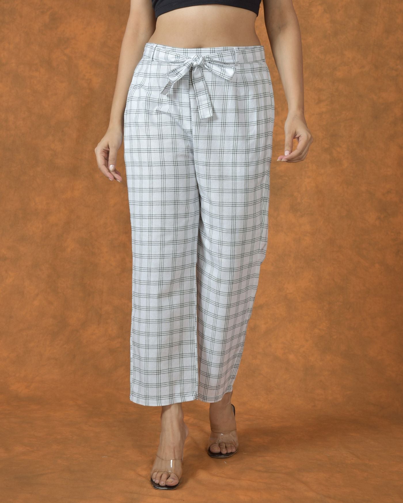 White Black Cotton Checks Belt Pant