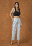 White Black Cotton Checks Belt Pant