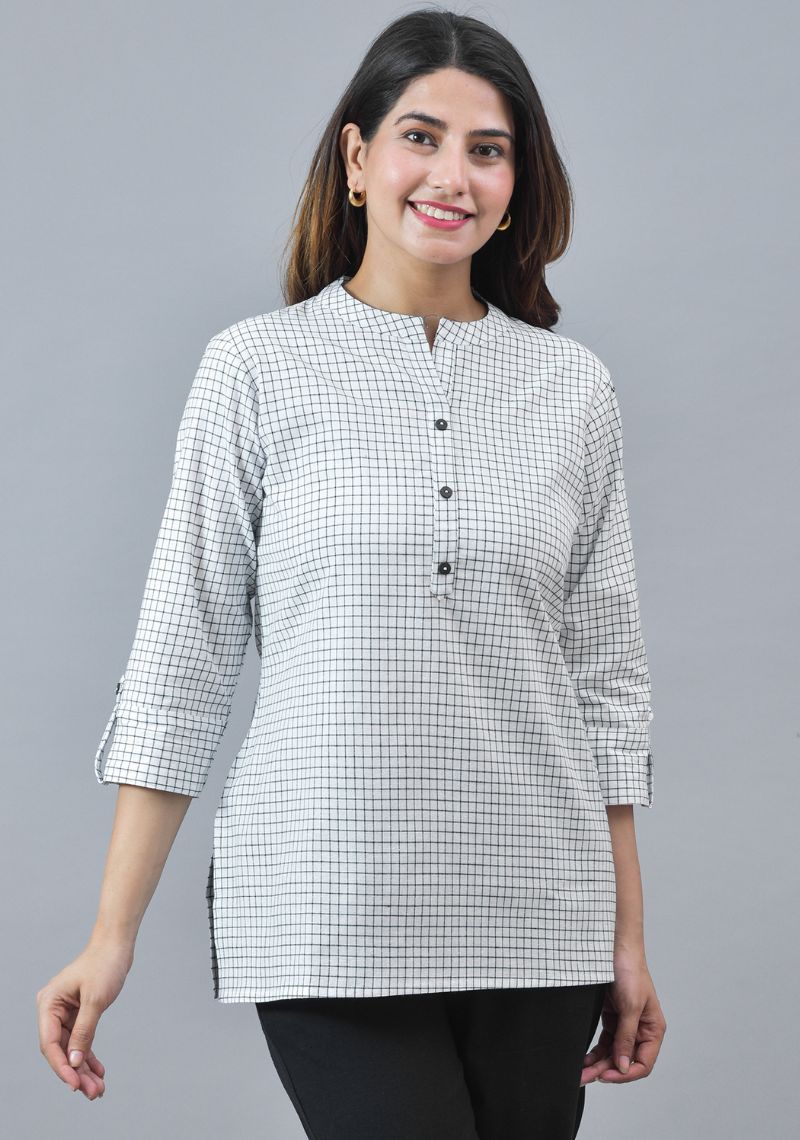 White Black Cotton Checks Women Top