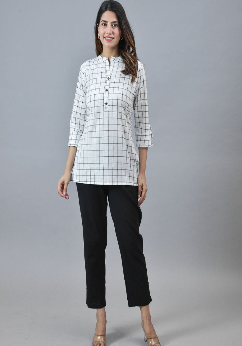 White Black Cotton Checks Women Top