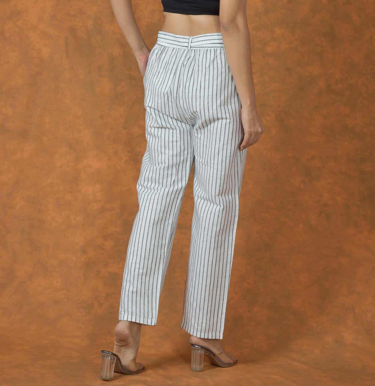 White Black Cotton Stripe Belt Pant