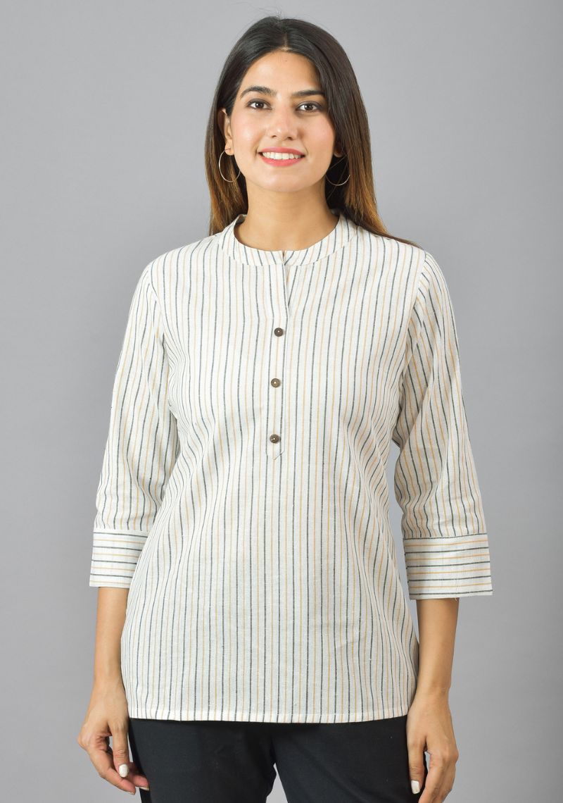 White Blue and Yellow Cotton Stripe Women Top