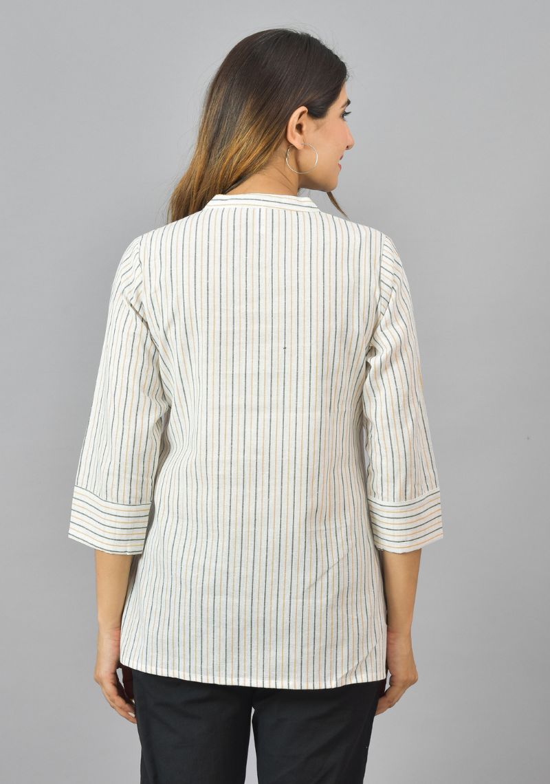 White Blue and Yellow Cotton Stripe Women Top