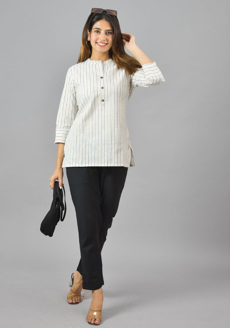 White Blue and Yellow Cotton Stripe Women Top