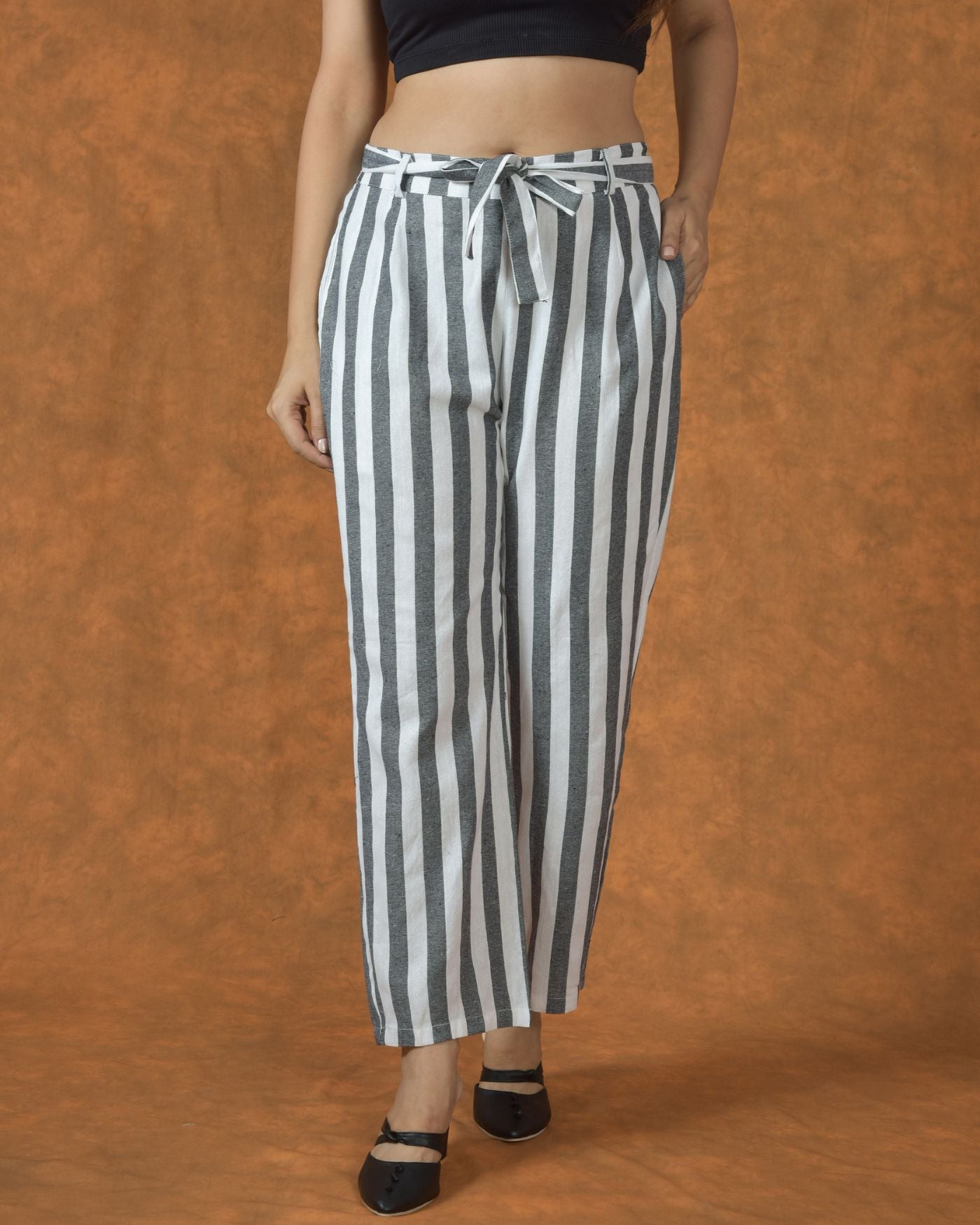 White Gray Cotton Stripe Belt Pant