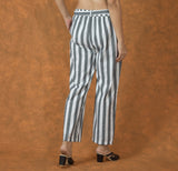 White Gray Cotton Stripe Belt Pant