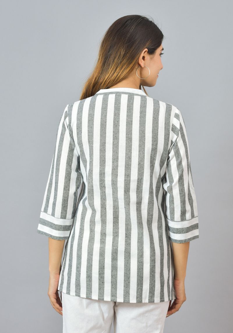 White Gray Cotton Stripe Women Top