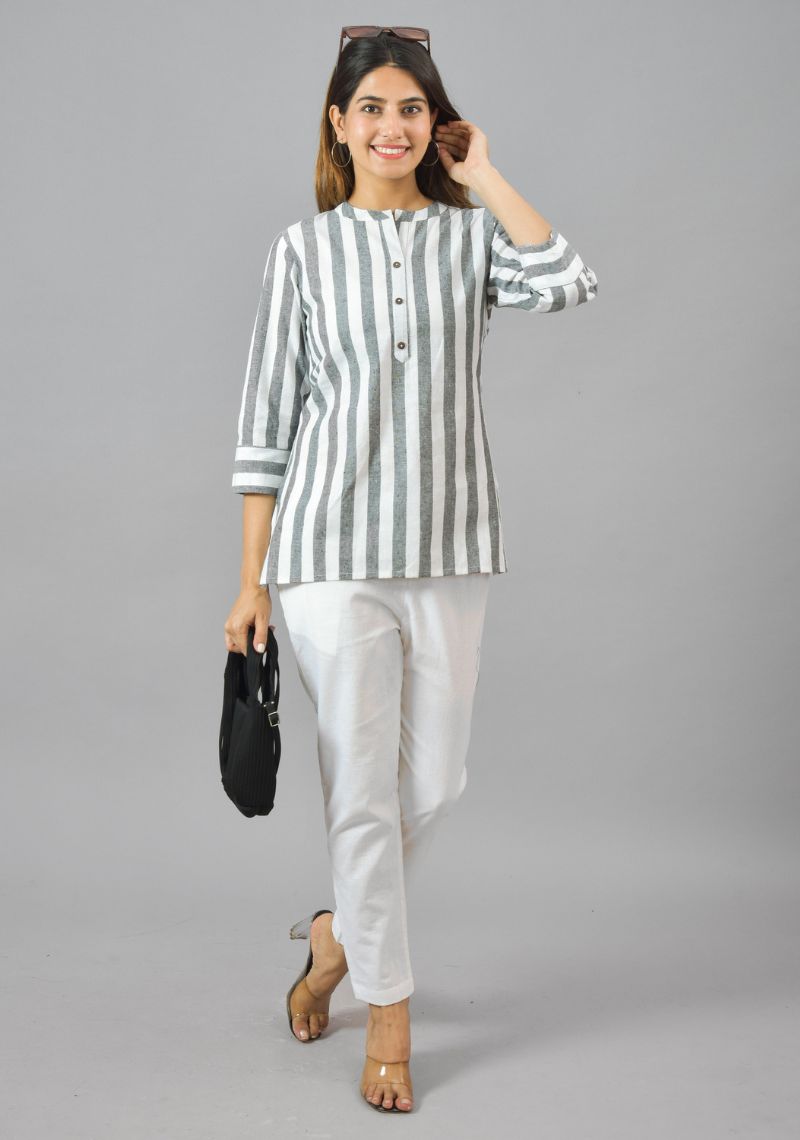 White Gray Cotton Stripe Women Top