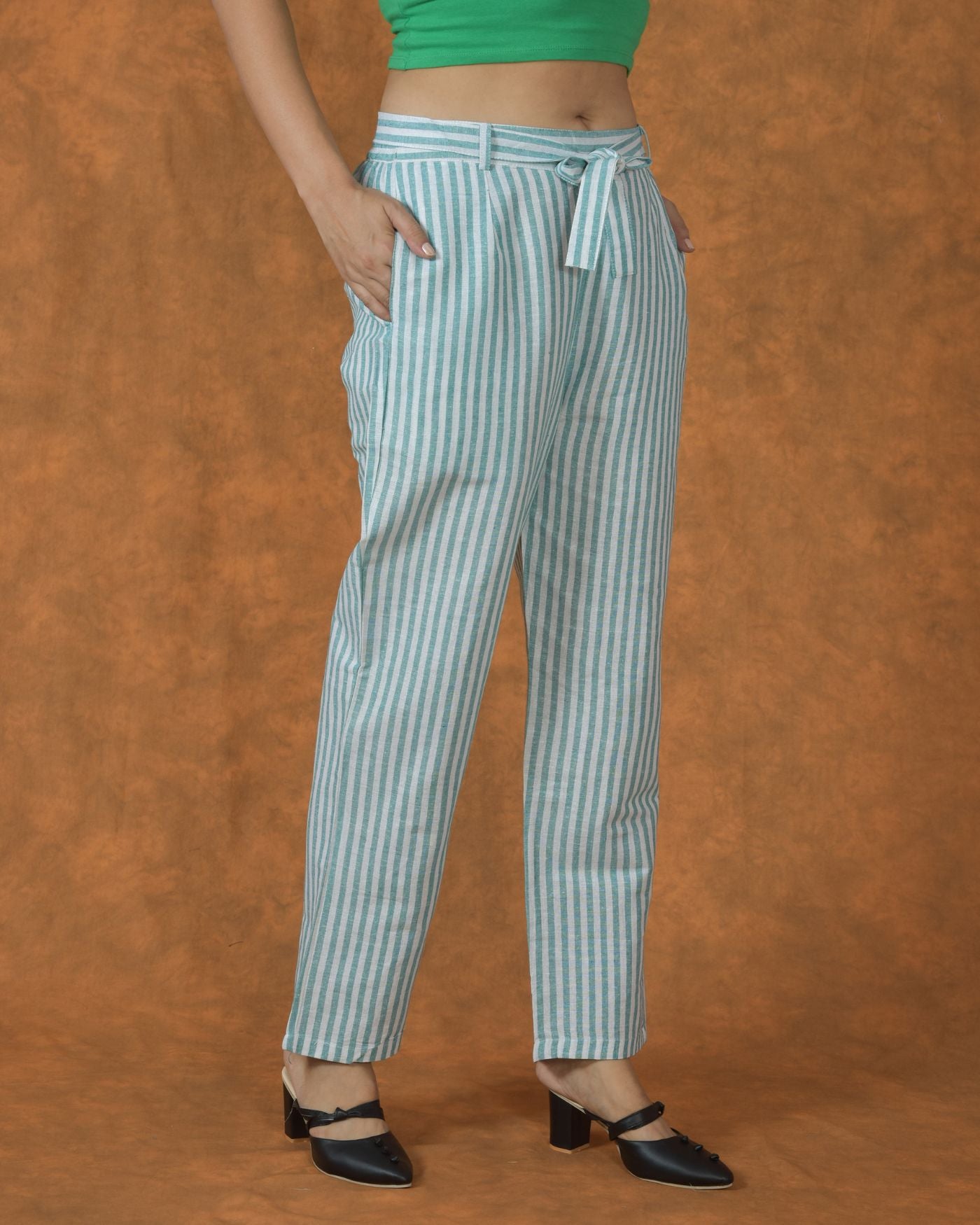 White Green Cotton Stripe Belt Pant