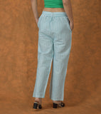 White Green Cotton Stripe Belt Pant