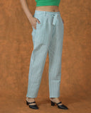 White Green Cotton Stripe Belt Pant