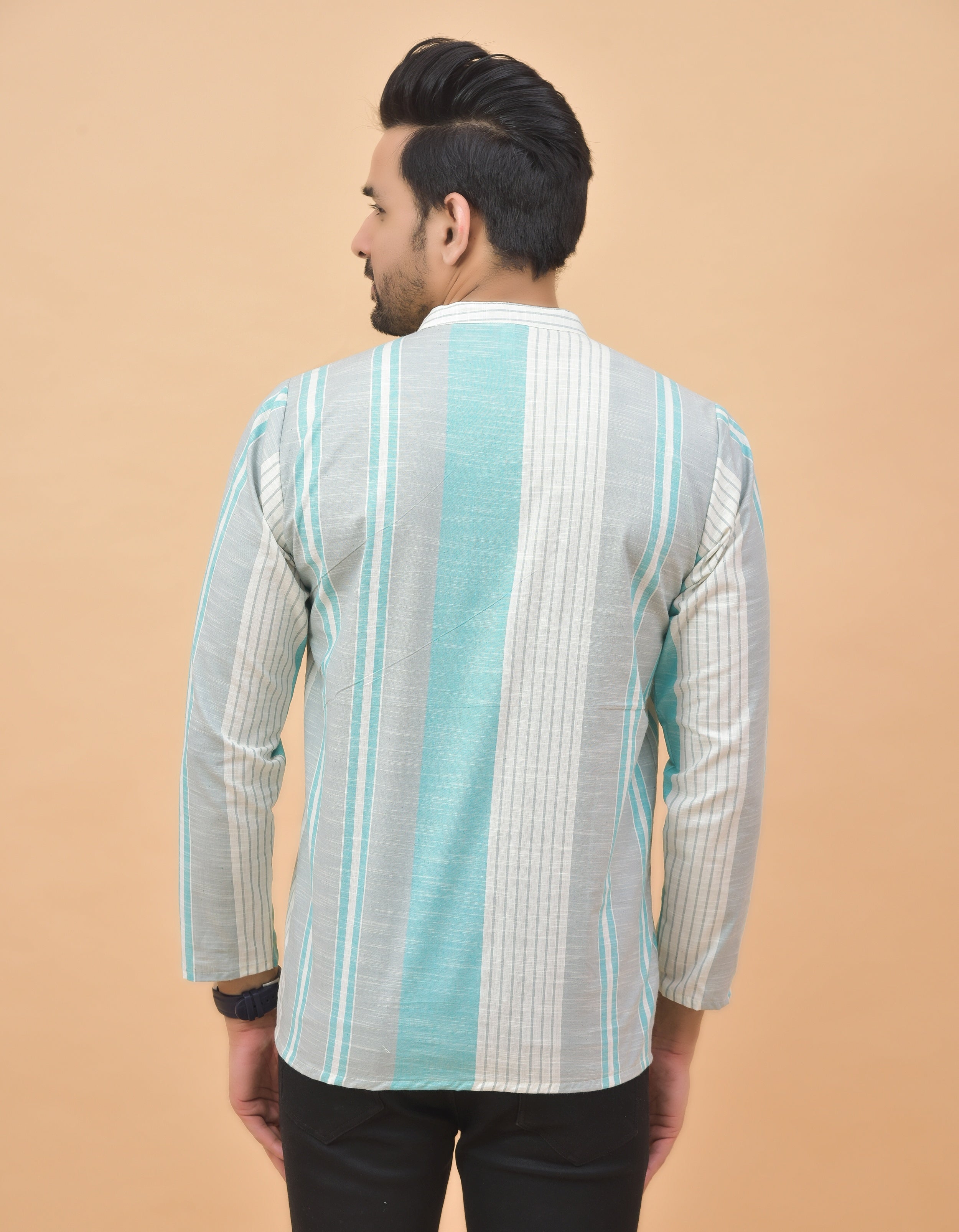 Combo of 3 Men Kurtas Stripe Cotton Handloom Sky Blue Green and White