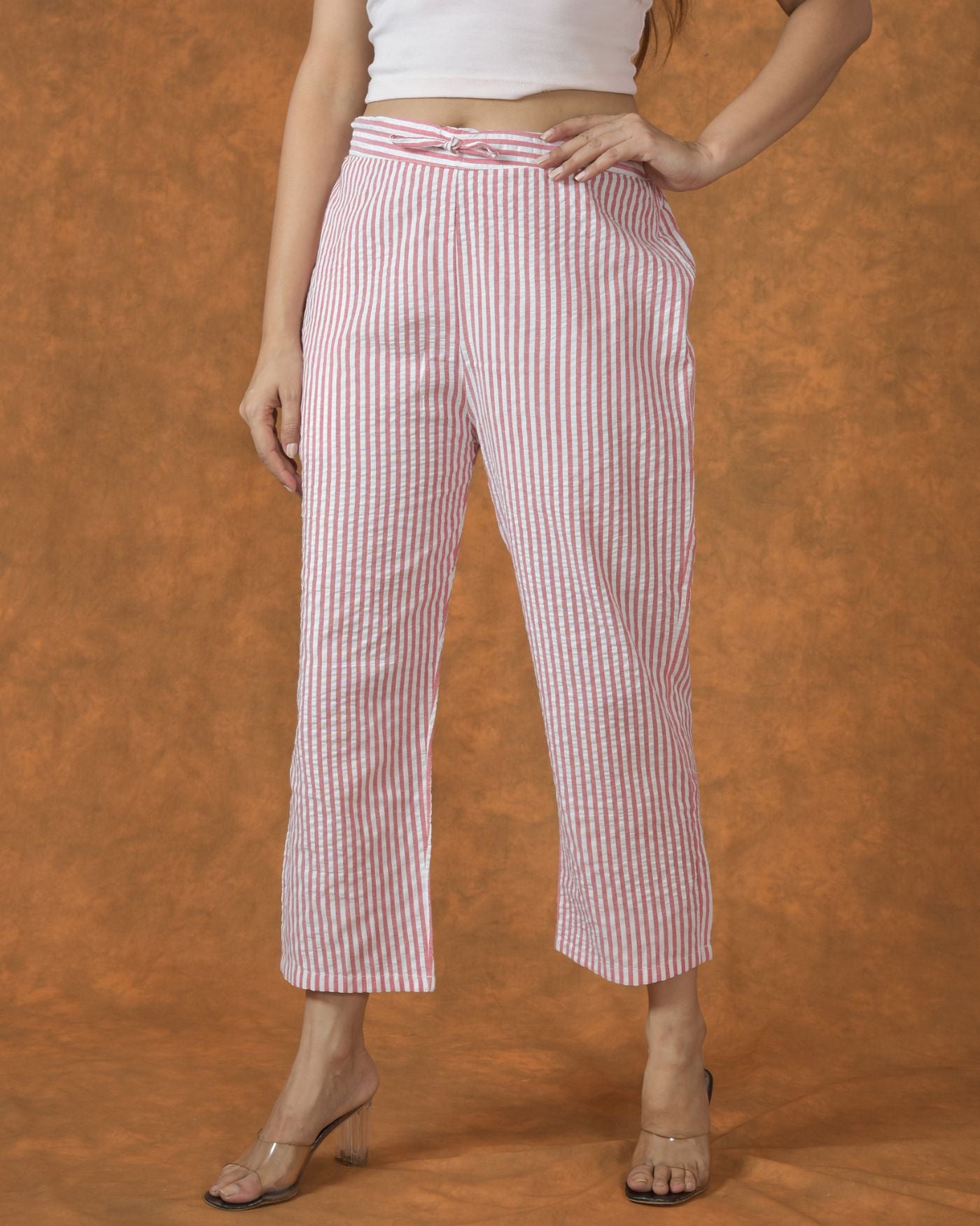 White Pink Cotton Stripe Regular Pant