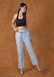 White Sky Blue Cotton Stripe Belt Pant