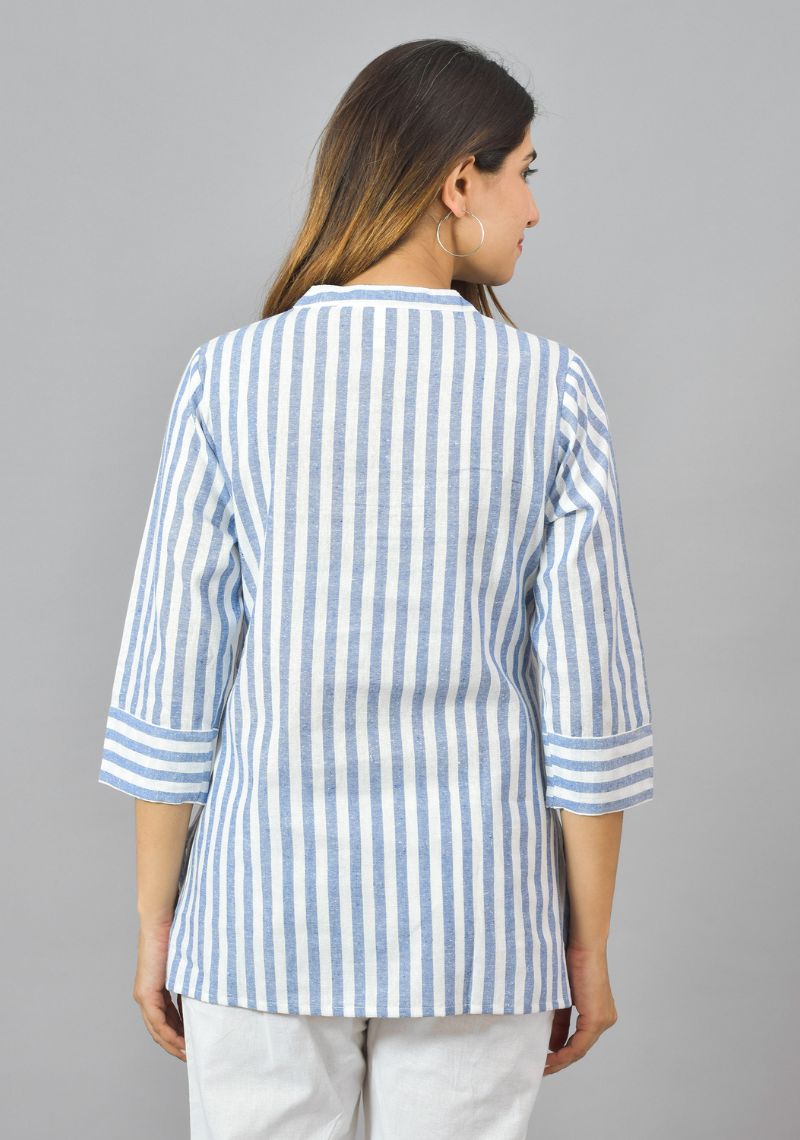 White Sky Blue Cotton Stripe Women Top