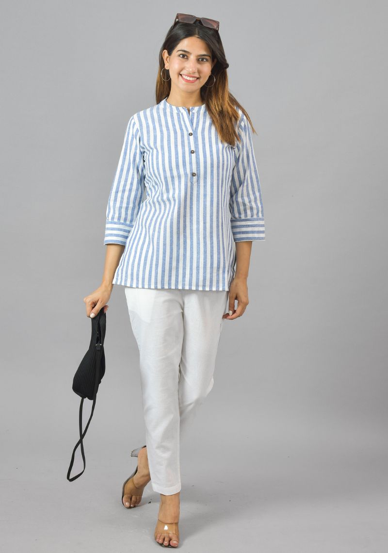 White Sky Blue Cotton Stripe Women Top