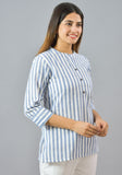 White Sky Blue Cotton Stripe Women Top