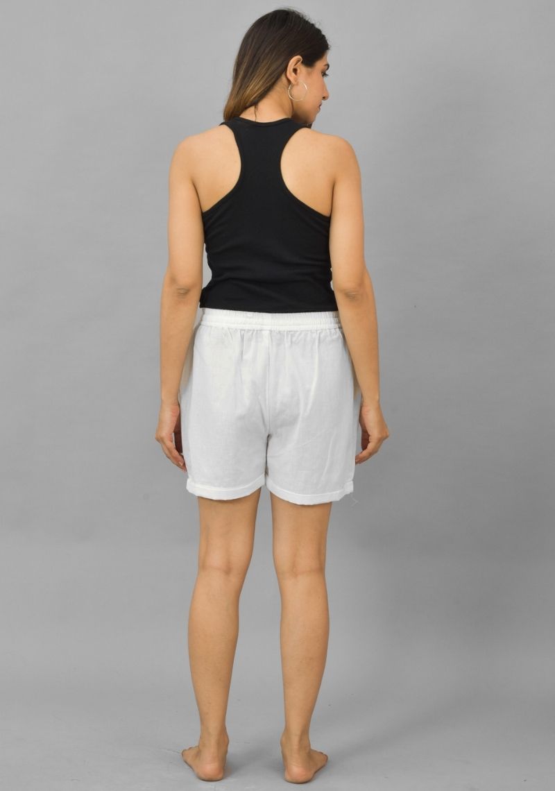 White Solid Cotton Flax Shorts