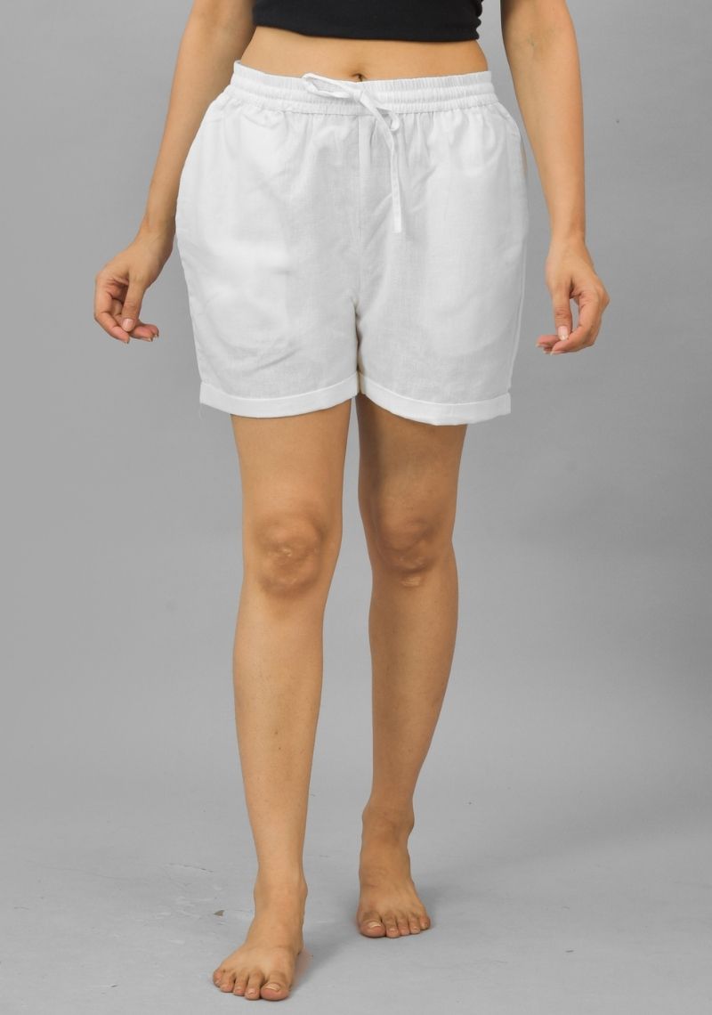 White Solid Cotton Flax Shorts