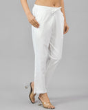 White Solid Cotton Flax Women Trouser