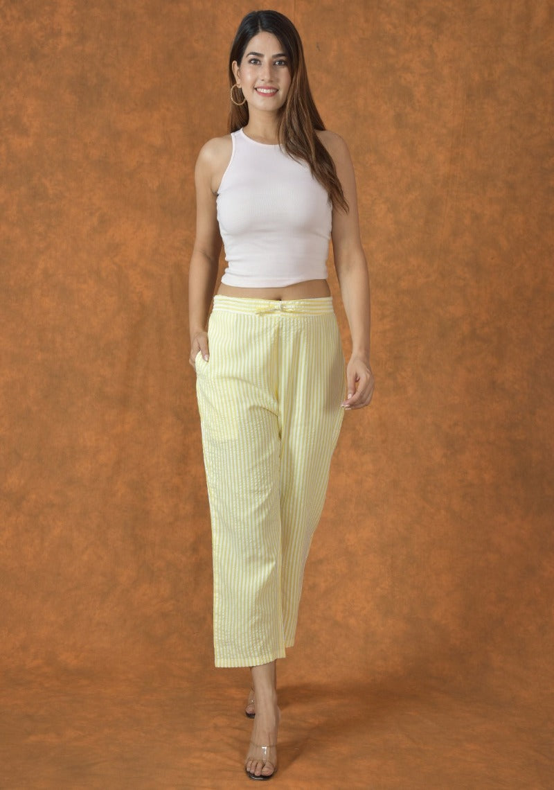 White Yellow Cotton Stripe Regular Pant