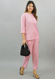 Women Co-Ords Baby Pink Cotton Checks Dress Top and Bottom