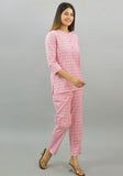 Women Co-Ords Baby Pink Cotton Checks Dress Top and Bottom