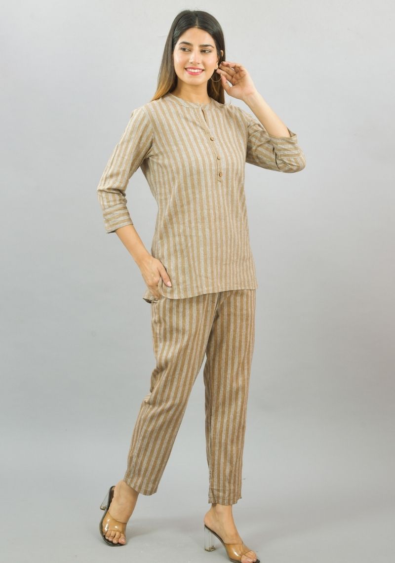 Women Co-Ords Beige Cotton Checks Dress Top and Bottom