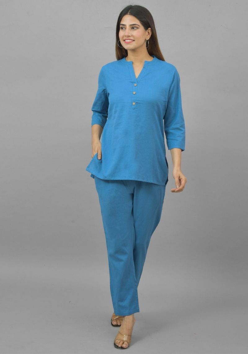 Women Co-Ords Blue Cotton Flax Dress Top and Bottom