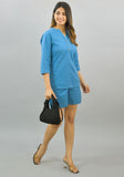 Women Co-Ords Blue Cotton Flax Dress Top and Shorts