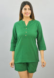 Women Co-Ords Bottle Green Cotton Flax Dress Top and Shorts