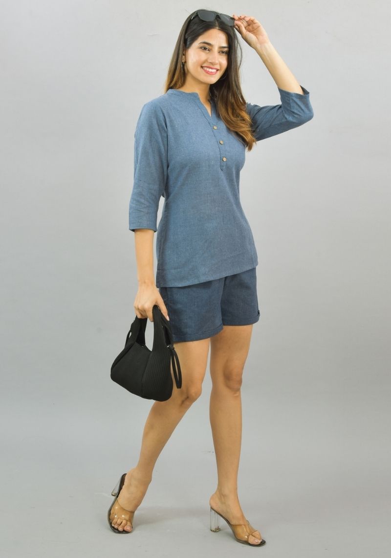 Women Co-Ords Denim Cotton Flax Dress Top and Shorts-10315