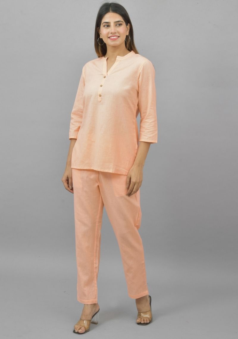 Women Co-Ords Light Peach Cotton Flax Dress Top and Bottom