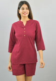 Women Co-Ords Maroon Cotton Flax Dress Top and Shorts