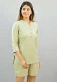 Women Co-Ords Mint Green Cotton Flax Dress Top and Shorts