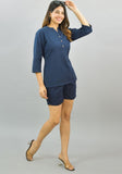 Women Co-Ords Navy Blue Cotton Flax Dress Top and Shorts-10319-C