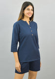 Women Co-Ords Navy Blue Cotton Flax Dress Top and Shorts-10319-C