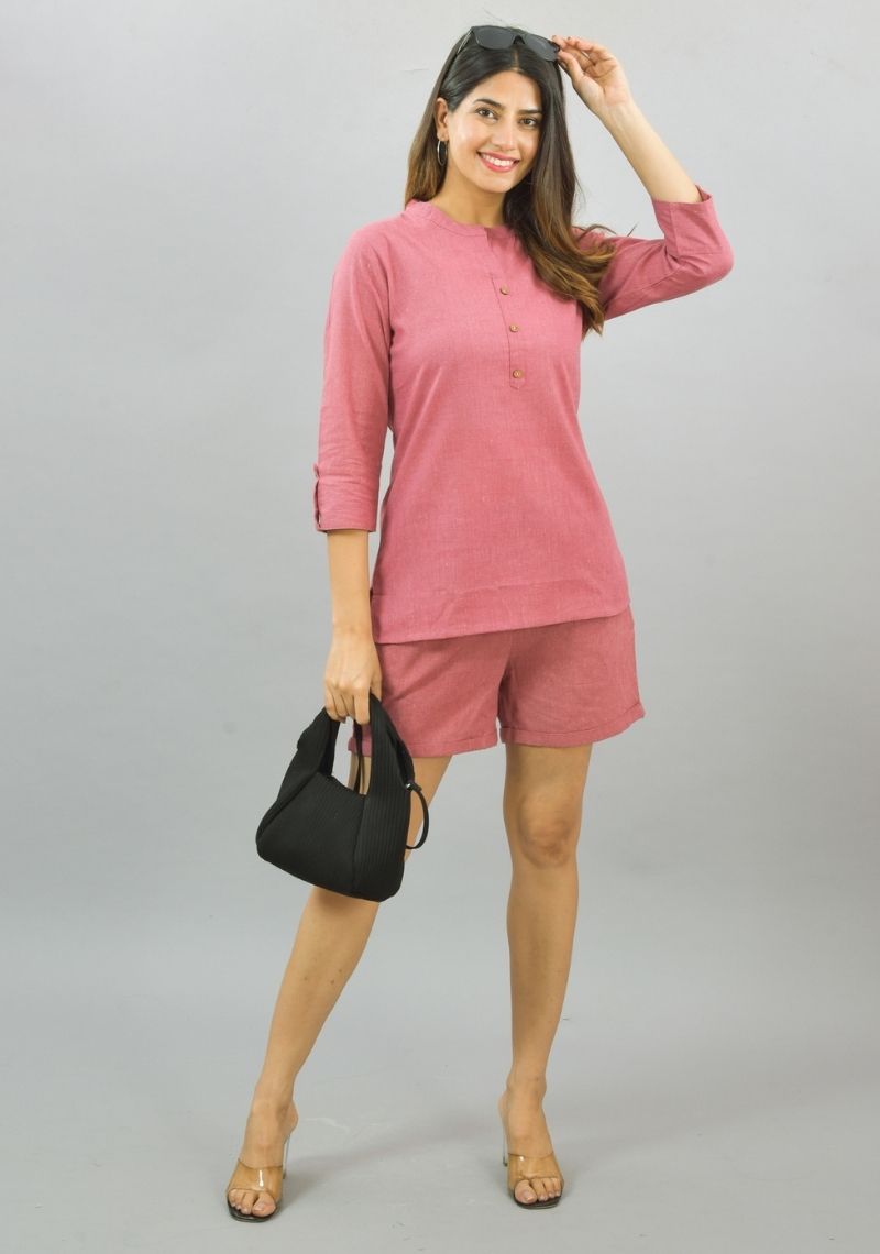 Women Co-Ords Pink Cotton Flax Dress Top and Shorts