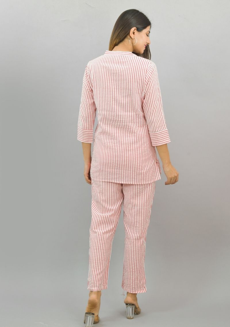 Women Co-Ords Pink Cotton Checks Dress Top and Bottom