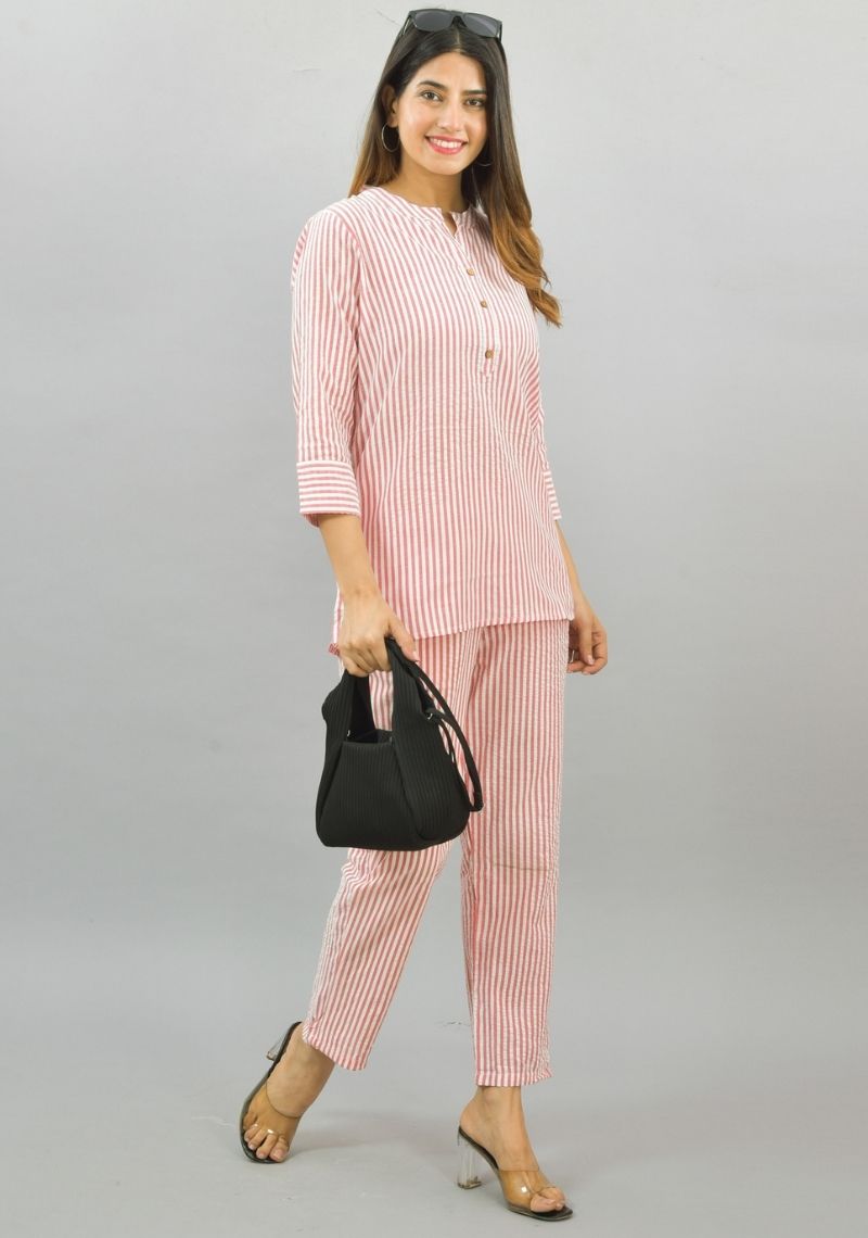 Women Co-Ords Pink Cotton Checks Dress Top and Bottom