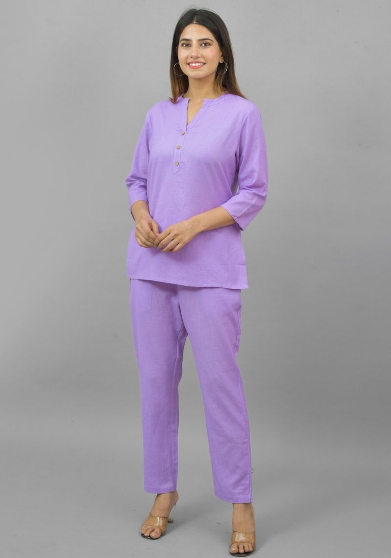 Women Co-Ords Purple Cotton Flax Dress Top and Bottom