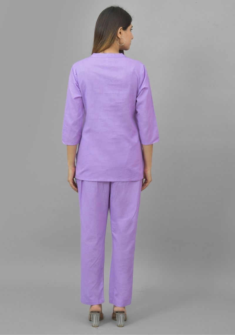 Women Co-Ords Purple Cotton Flax Dress Top and Bottom