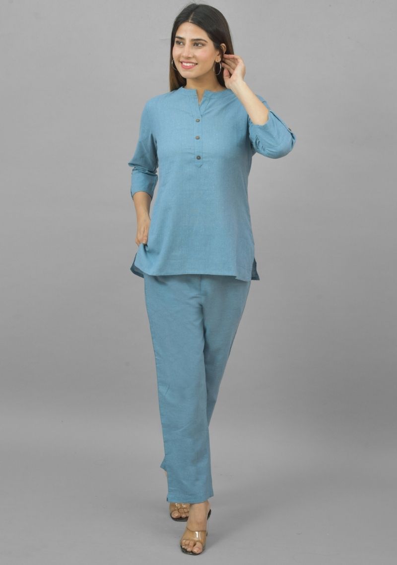 Women Co-Ords Sky Blue Cotton Flax Dress Top and Bottom