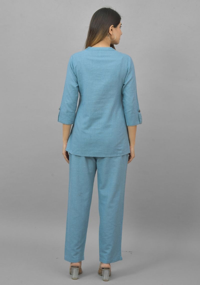 Women Co-Ords Sky Blue Cotton Flax Dress Top and Bottom