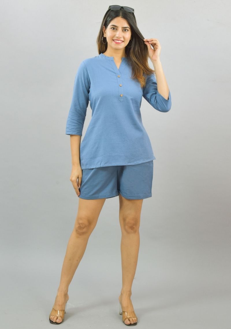 Women Co-Ords Sky Blue Cotton Flax Dress Top and Shorts