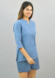 Women Co-Ords Sky Blue Cotton Flax Dress Top and Shorts