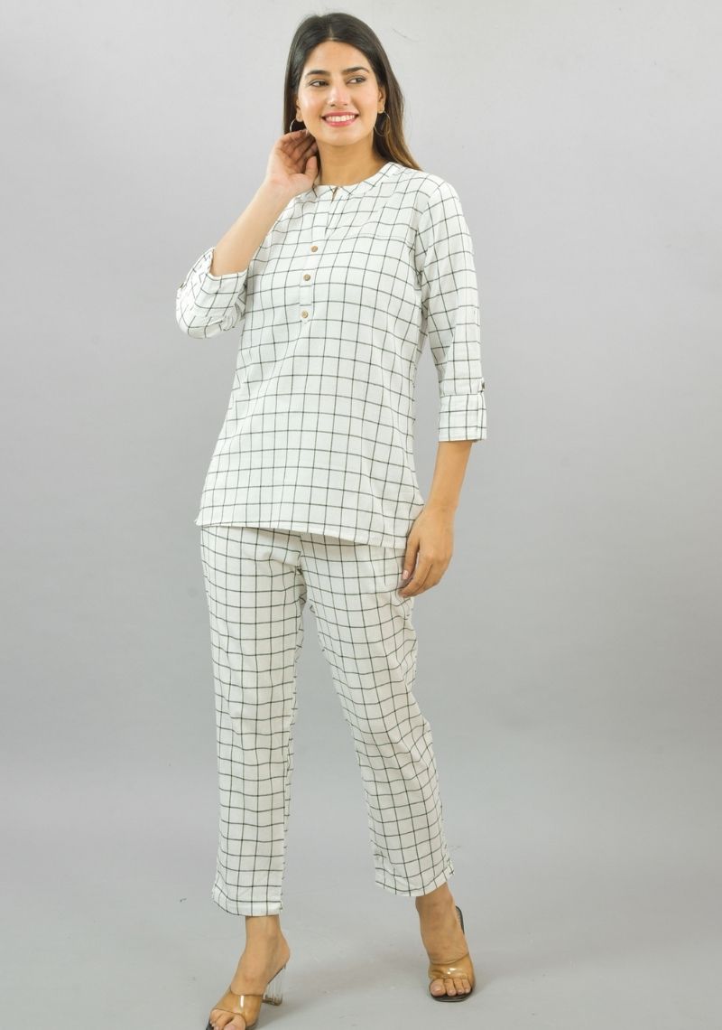 Women Co-Ords White Cotton Checks Dress Top and Bottom