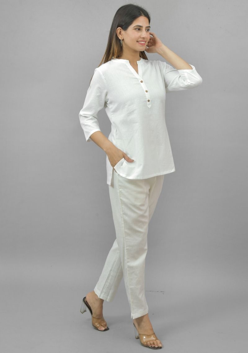 Women Co-Ords White Cotton Flax Dress Top and Bottom