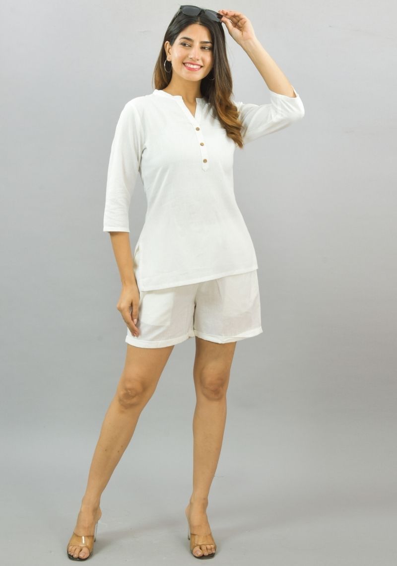 Women Co-Ords White Cotton Flax Dress Top and Shorts